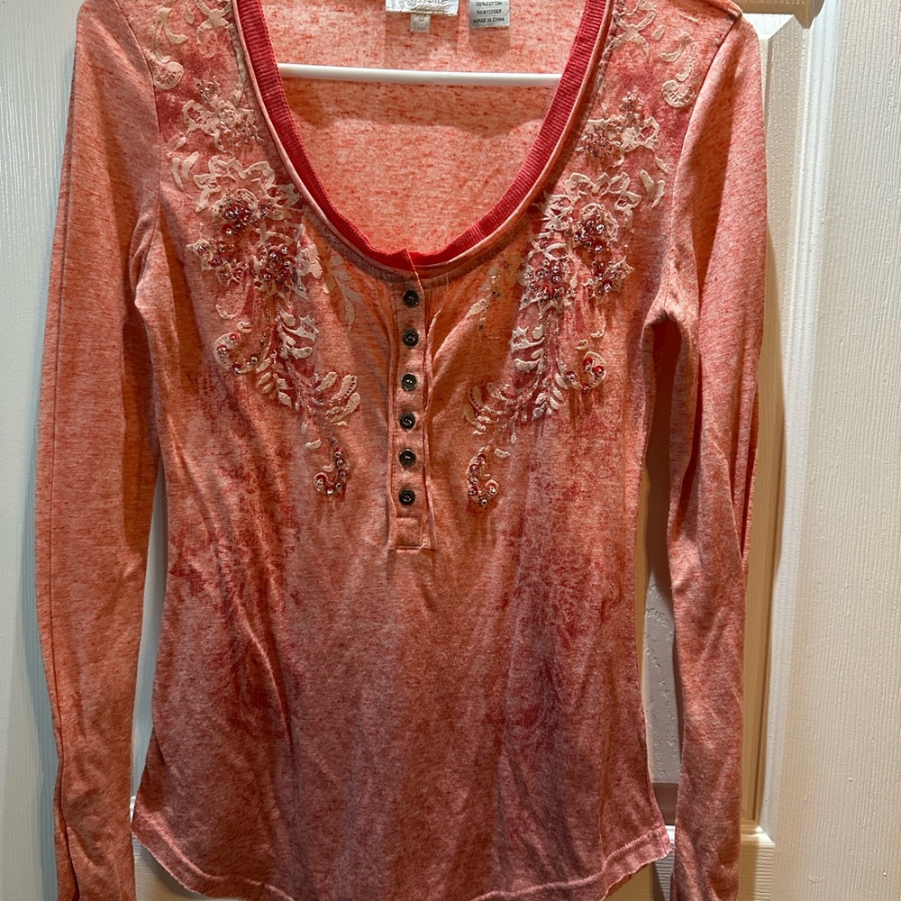 Women's Beaded Long Sleeve Top - Coral